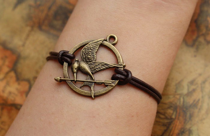 HUNGER GAMES bracelet,inspired mockingjay bracelet with retro bronze arrow,brown leather bracelet---B015
