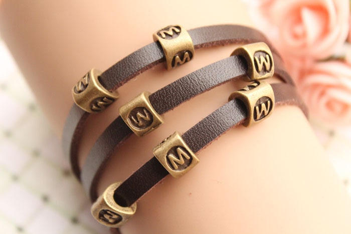M and W bracelet,retro bronze M and W letters bracelet,brown leather bracelet---B069