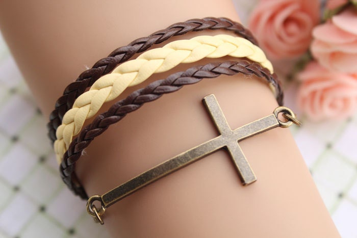 cross bracelet,retro bronze big cross pendant alloy bracelet,yellow and brown leather braid bracelet---B112
