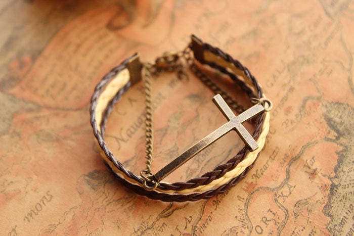cross bracelet,retro bronze big cross pendant alloy bracelet,yellow and brown leather braid bracelet---B112