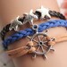 sailing bracelet,retro silver rudder with starfish bead,alloy bracelet,brown leather,blue rope braid bracelet---B120