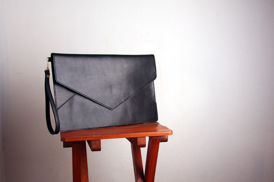 Oversized Envelope Leather Clutch in Black