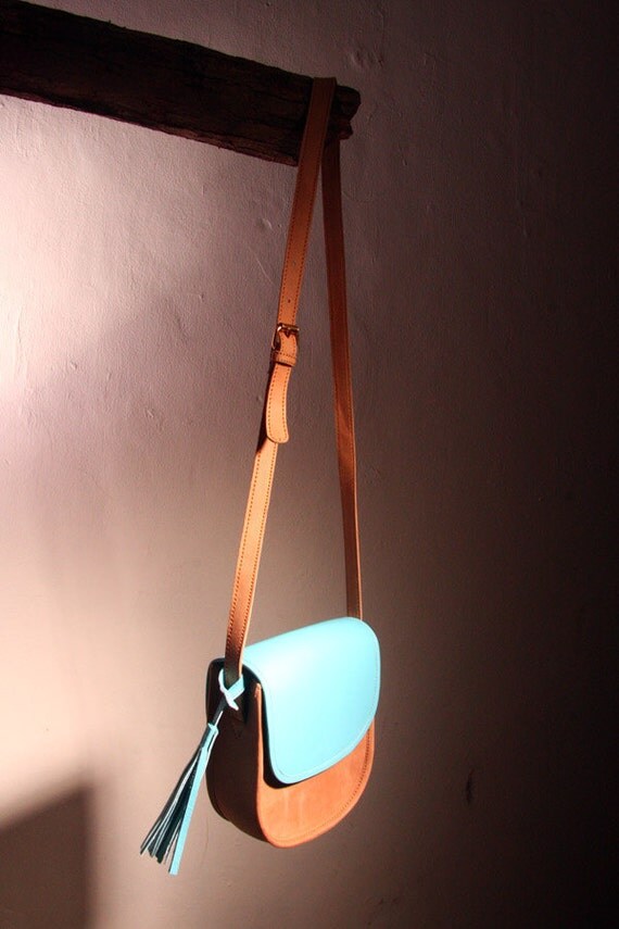 Cross Body Leather Bag in Nude and Aqua Blue
