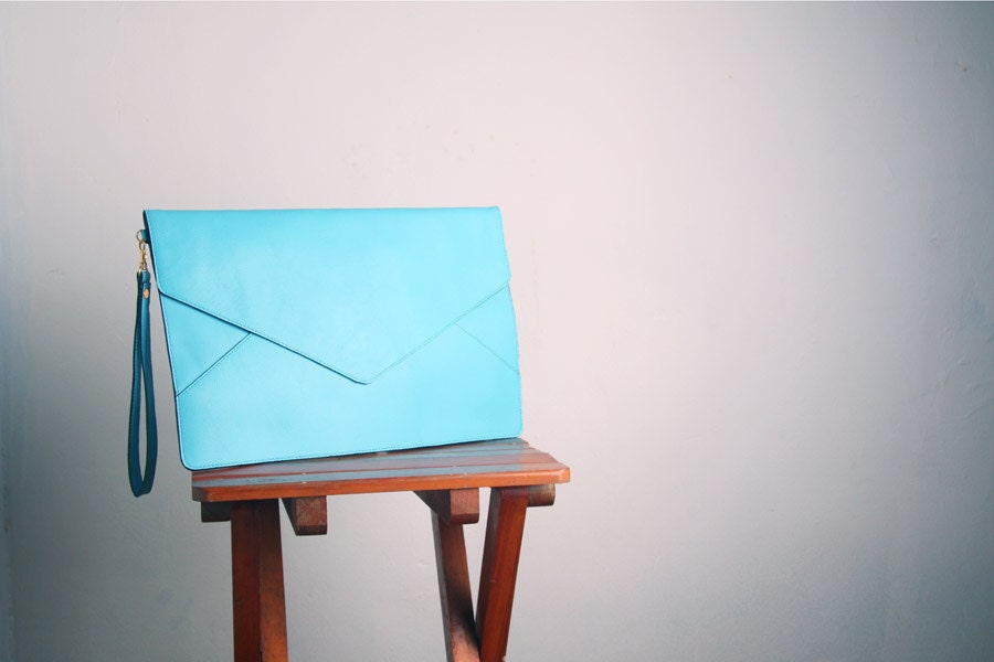Oversize Envelope Leather Clutch in Aqua Blue