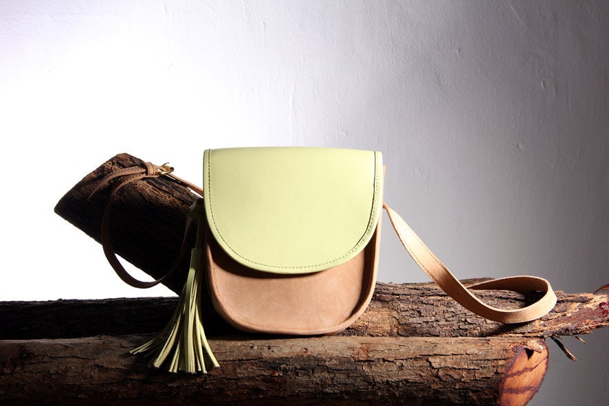 LIME - Cross Body Leather Bag in Nude and Pale Lime Yellow
