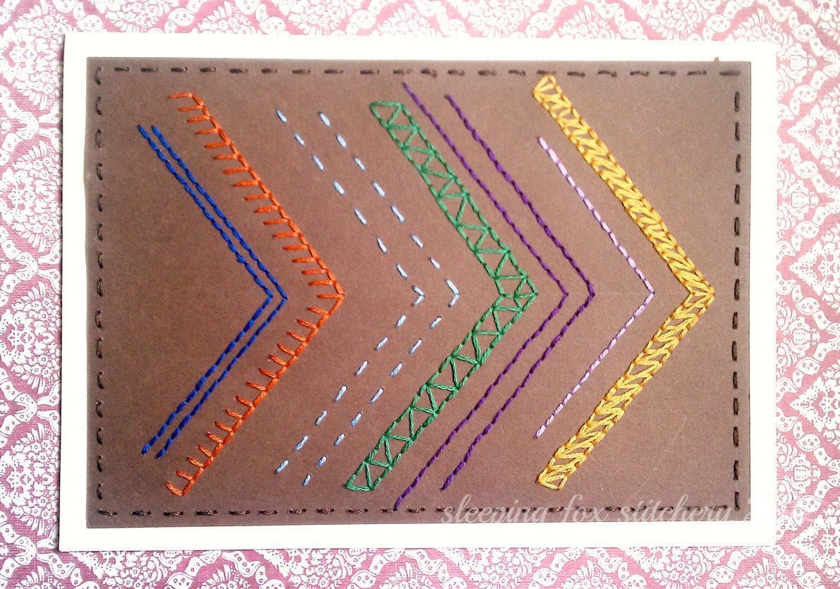 Hand Embroidered Card Chevron Arrows Thank You Any Occasion Multicolored Bright Primary Colors - sleepingfoxstitchery