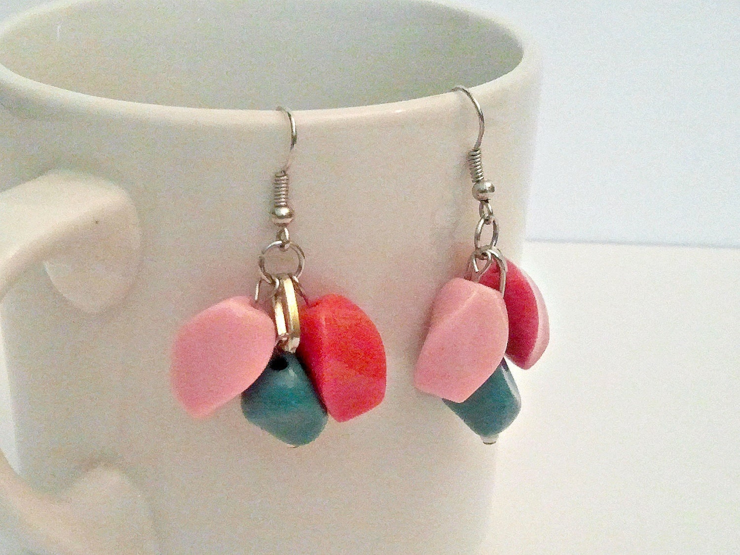 Light Pink Turquoise and Dark Pink Beaded Dangle Earrings with Silver Ear Wires