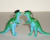 Dinosaur Earrings  "DinoLids" Dinosaur with Black Hat Geekery Plastic Toy Dinosaur Repurposed Green Dinosaur