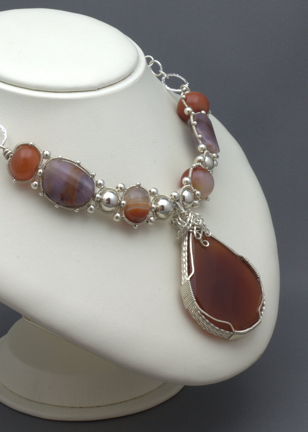 Stunning Silver Wrapped Necklace- using carnelian and purple jasper