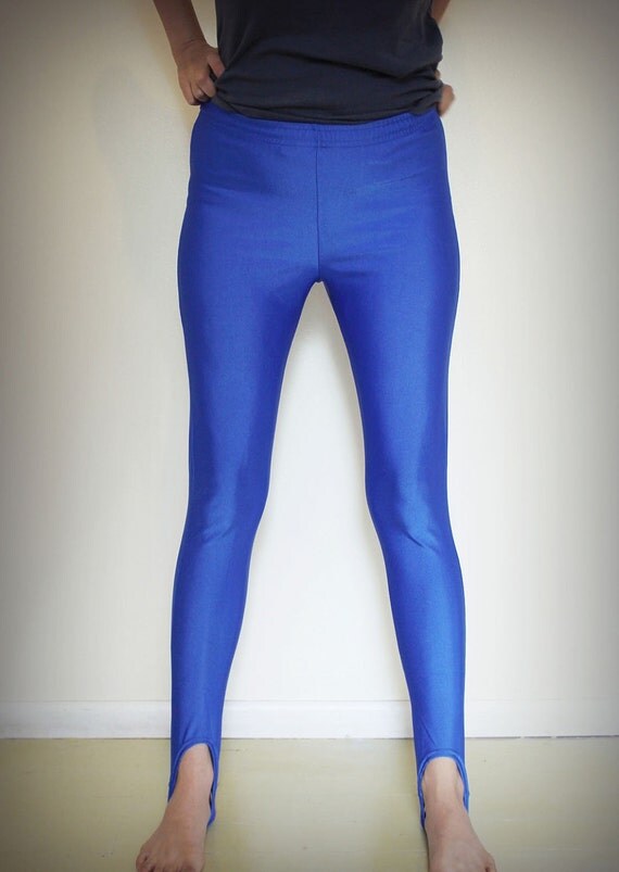 80s Spandex Electric Blue Stirrup Leggings by HeyJuneVintage