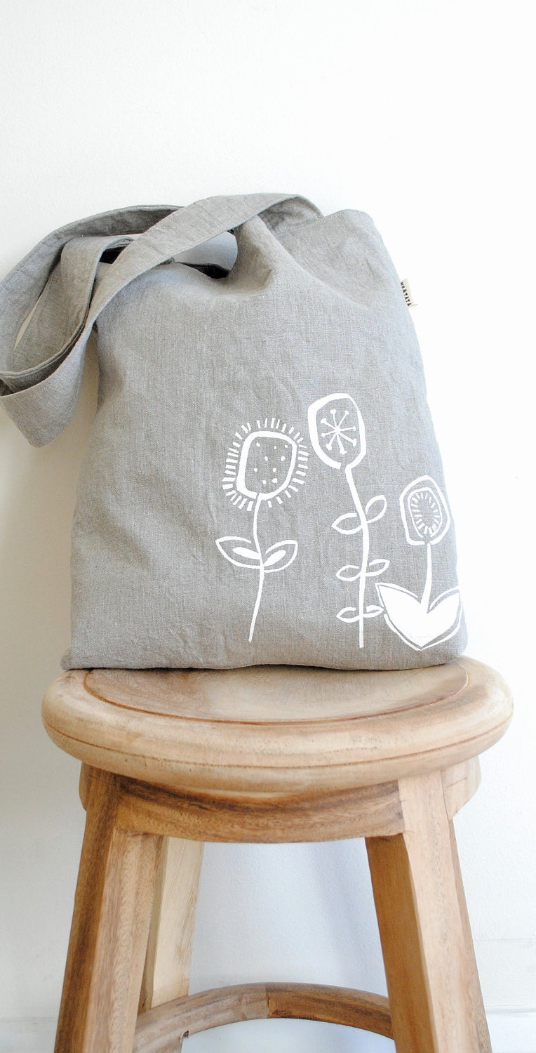 Flower art - screenprinted - Natural flax Linen Tote Bag