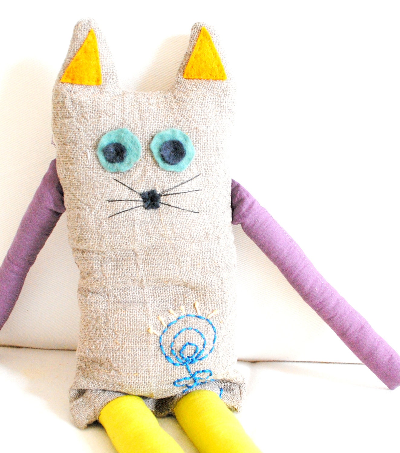 Fantasy Cat Soft Toy Natural Linen with colourful embroidery