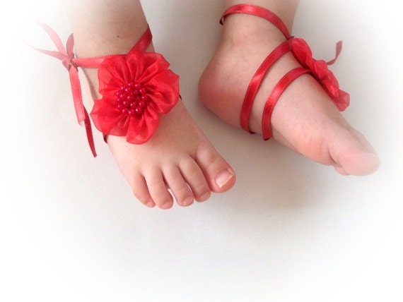 Handmade Baby Sandals with Cute Yoyo- Baby Sandals Red Flower Baby Barefoot Sandals - Barefoot Sandals
