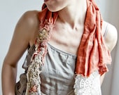 Recycled linen fabric and hemp necklace with stones and handmade vintage lace