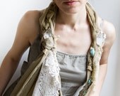 Soft upcycled fabric necklace with stones and handmade lace