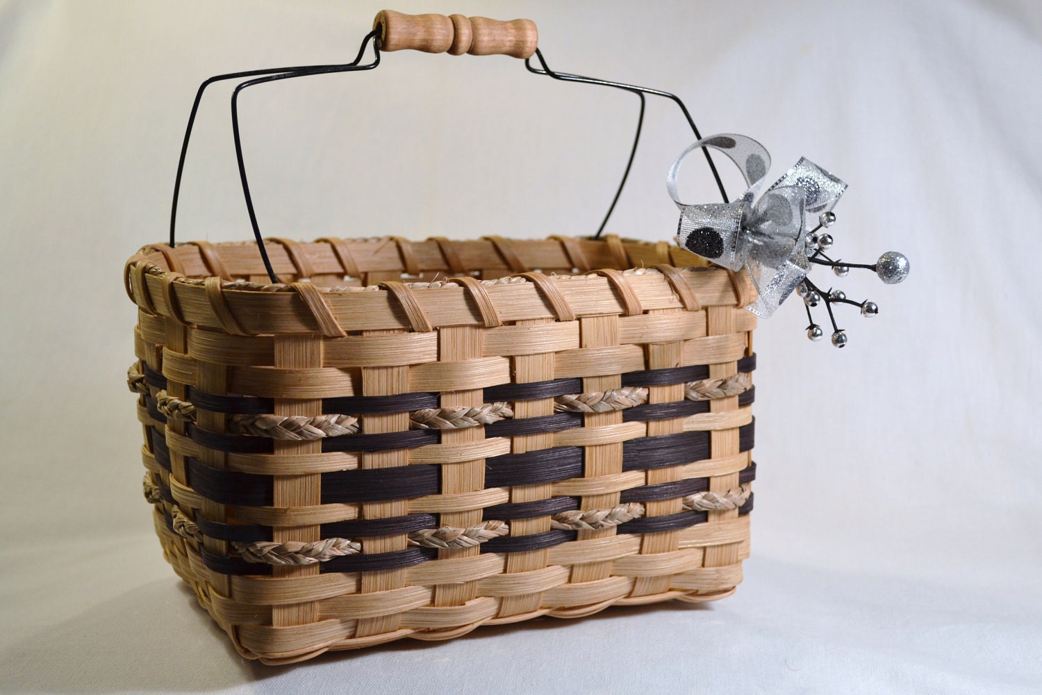 Handwoven Reed or Wicker Basket or Tote with Wire Handle and Black Trim