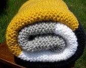 Hand Knit,  Baby Blanket, Grey, White, Yellow & Navy Stripes, Simple, Modern, Nautical, Great for school, Free Shipping in US