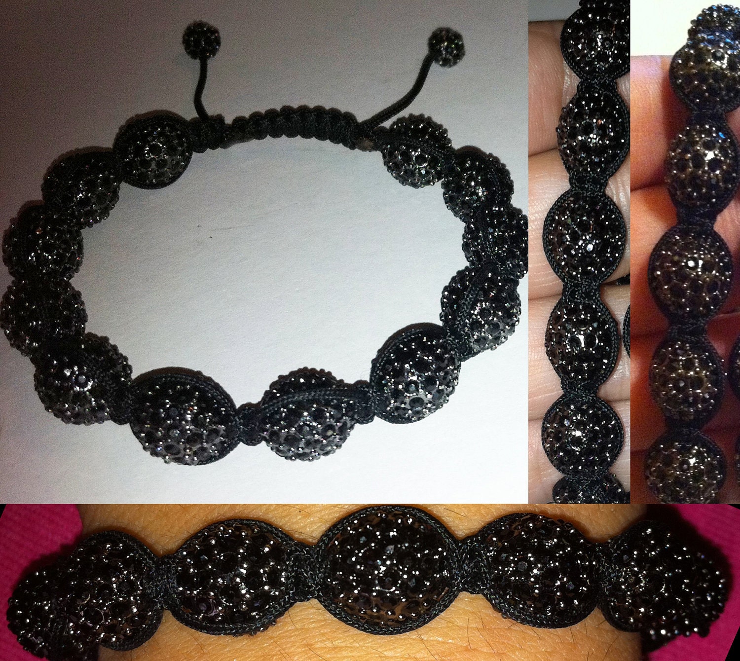 Black swarovski pave shamballa inspired bracelet with black string adjustable / jay z lil wayne style