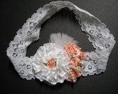 PEACH Coral Hair lace HEADBAND Diva Chic Portrait Baby Girl 2 Toddler Boutique Flower Dressy Handmade
