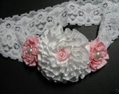 PINK White Hair lace HEADBAND Diva Chic Photo Portrait Baby Shower Gift Girl 2 Toddler Boutique Flower Dressy Handmade