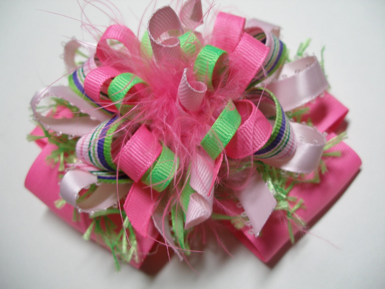 Hair Bow Tropical Fruit Punch PINK Unique Funky Big Over the Top Birthday Party Boutique Toddler Girl Handmade marabou Korkers Princess