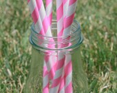 Hot Pink and White Striped Paper Party Straws (25)