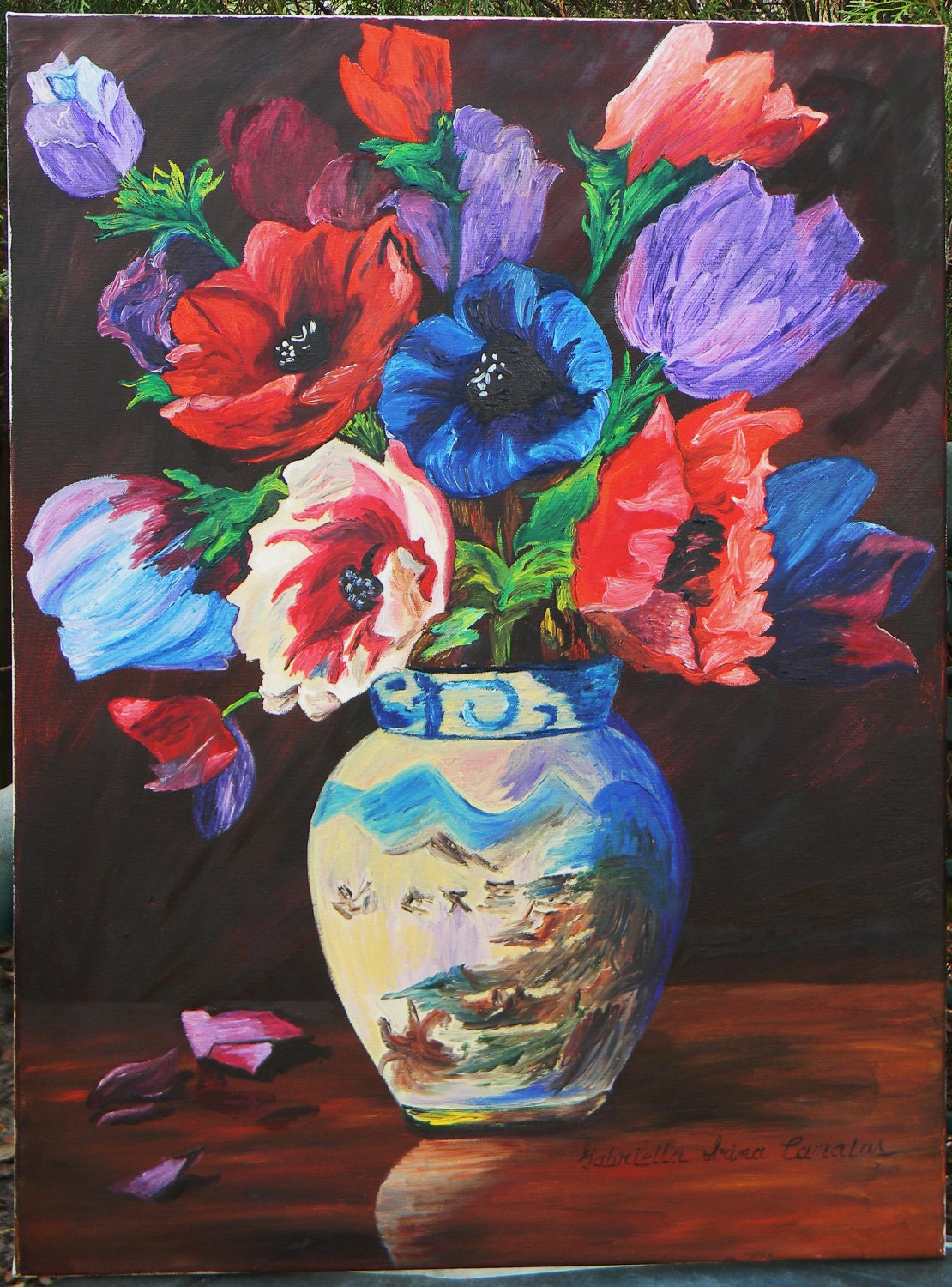 Summer Flowers in a Vase / 18X24 Oil Painting on Stretched Canvas