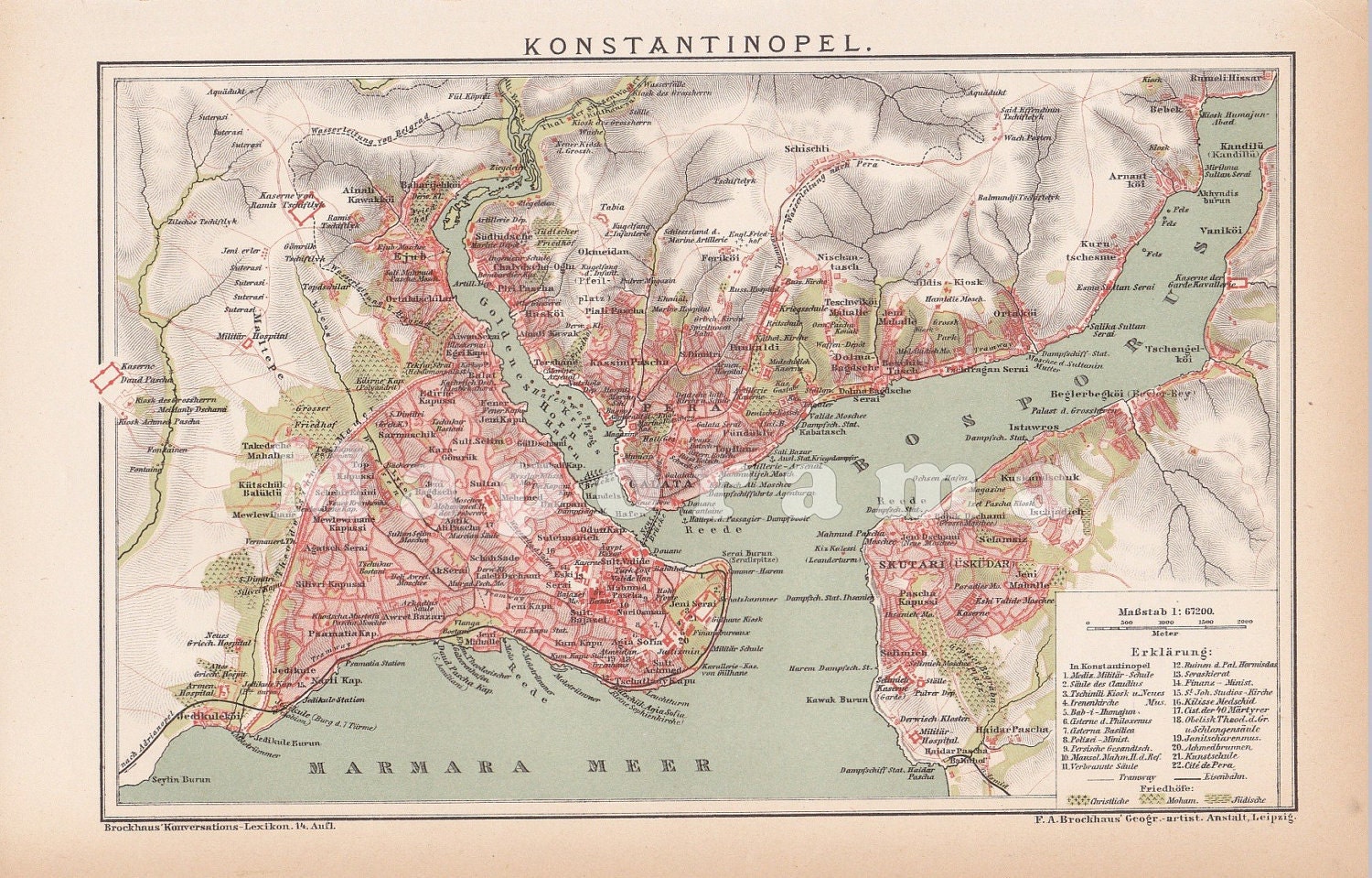 Antique Map of Constantinople, present Istanbul Turkey in the 19th Century, printed in 1903