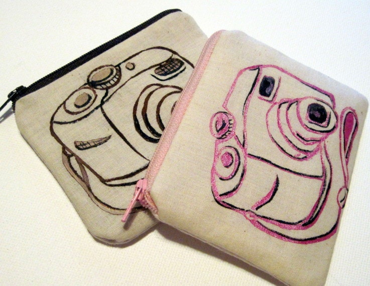 Hand - Stenciled Camera Zipper Pouch - 2 Piece set