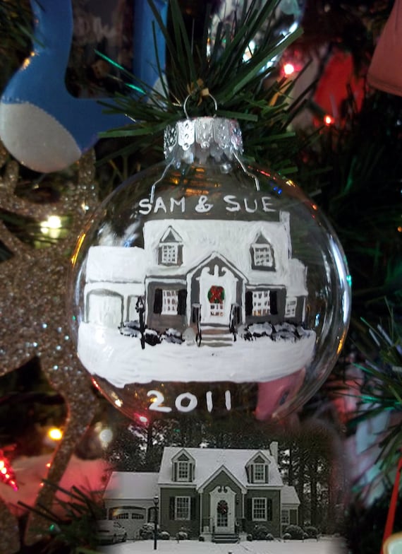 Custom HOUSE Portrait ORNAMENT Hand Painted on a Clear Glass Round Disc Ornament