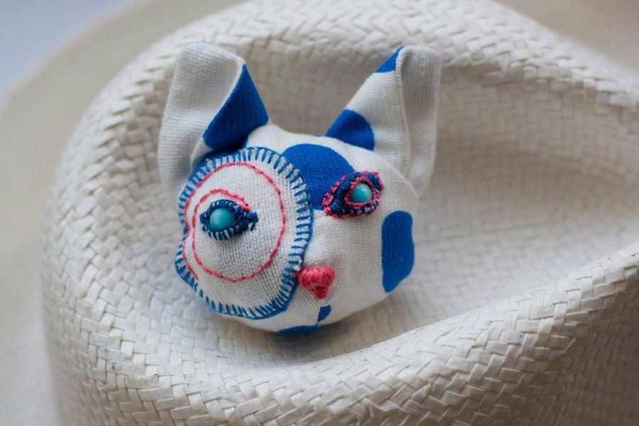 Blue and white polka dot cat brooch, funny textile animal jewelry