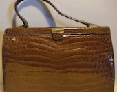 Fabulous vintage crocodile leather bag, croco handbag, camel colour