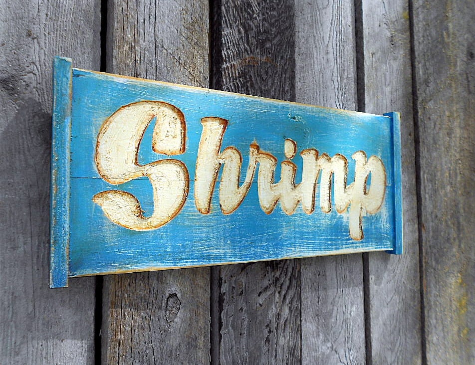 Rustic SHRIMP Carved Sign - Wall Art