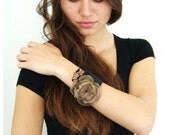 Cuff Bracelet Bangle - Taupe and Black Organza Flower with Polka Dot Tulle Leaf by FairytaleFlower