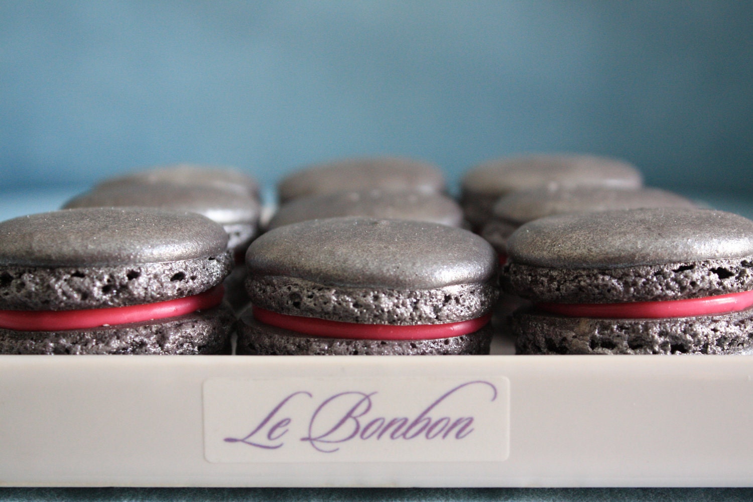 Metallic Silver Shimmer French Macaron with White Chocolate Strawberry Neon Ganache