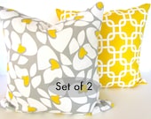 Sale SET Of 2 PILLOWS Gray Yellow MODERN  16 x 16 Decorative Throw Pillow Covers Accent Floral 16x16 Fabric front & back