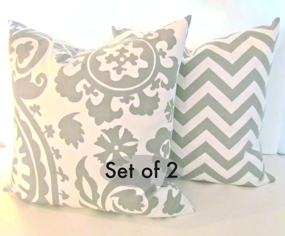 SET of 2 GREY PILLOWS 20x20 Decorative Throw Pillow Cover 20 x 20 Suzanni chevron pillows