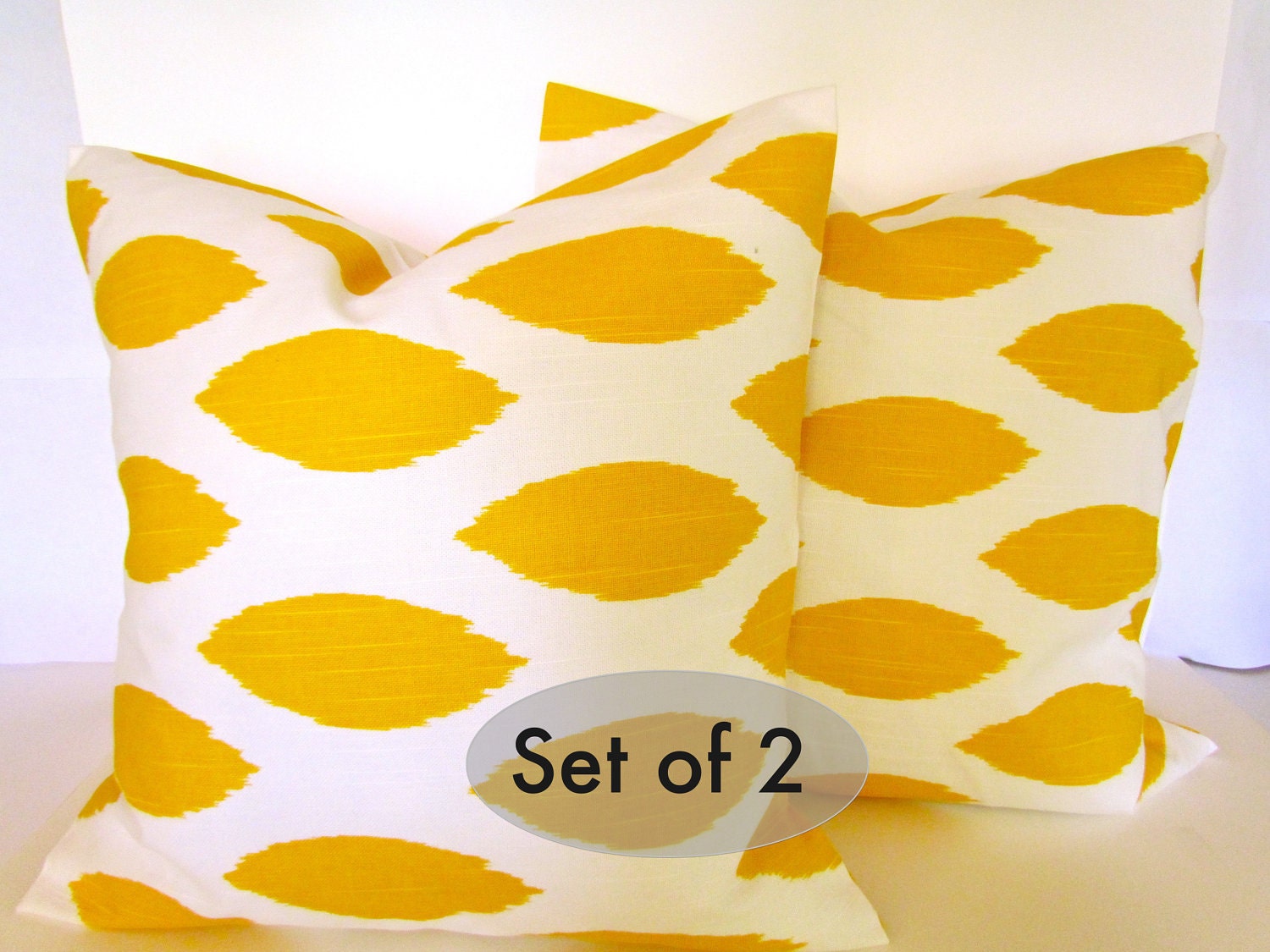 THROW PILLOWS SET of 2 Yellow 16x16 Throw Pillow Covers 16 x 16 Ikat Decorative Throw Pillows accent Contemporar Fabric front & back