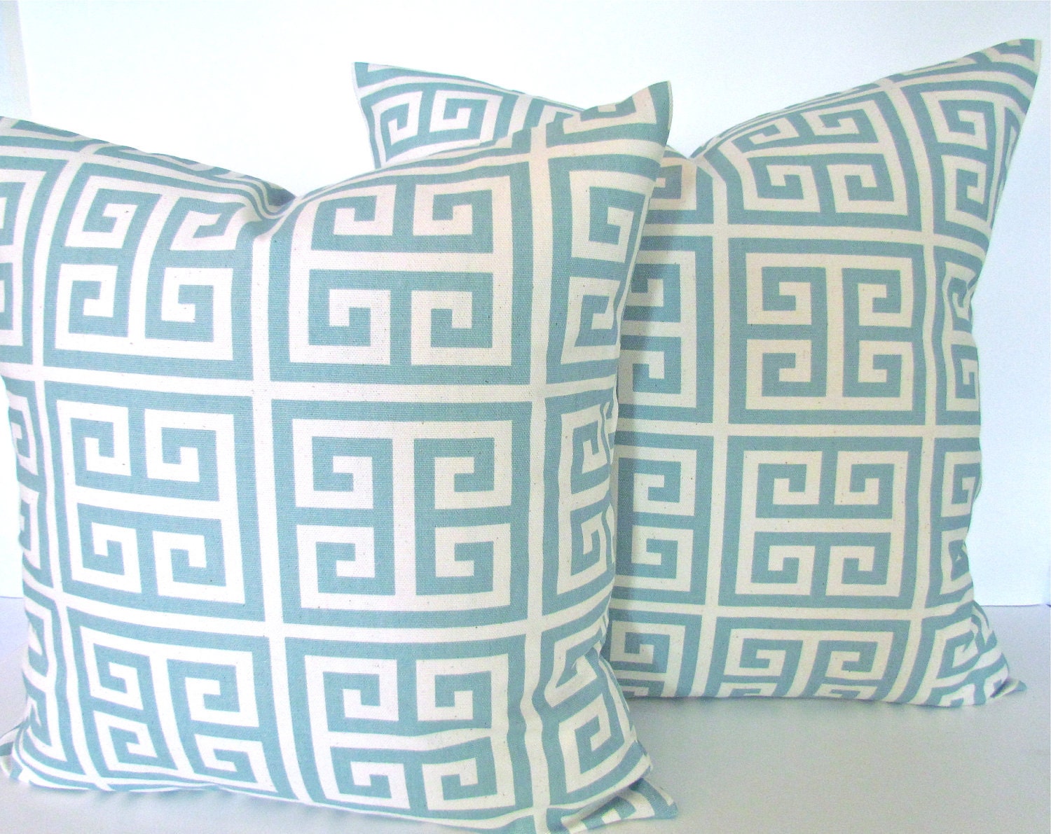 PILLOW COVER 20x2Throw Pillow Covers Spa Blue 20 x 20 Decorative Throw Pillows Greek Key Fabric on Front & Back