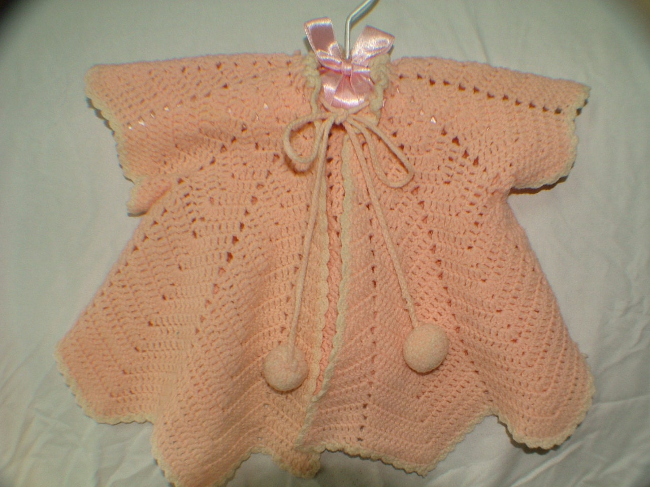 Christmas Baby Girl Peach Sweater Cardigan Crochet Knit MINT Condition Pom Pom Jacket 6 months