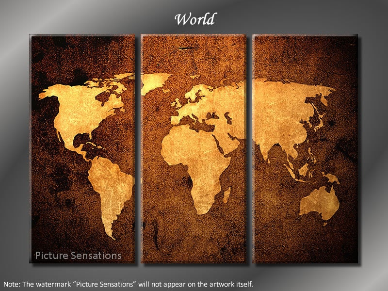Framed Huge 3 Panel World Map Giclee Canvas Print - Ready to Hang