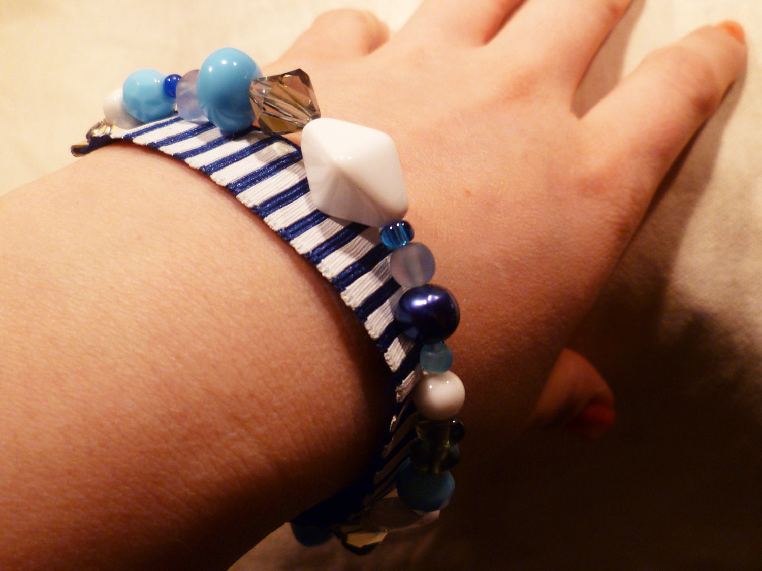 LVF Cuff Bracelet - Upcycled Reclaimed Ribbon and Glass Beads with Sterling Heart Clasp