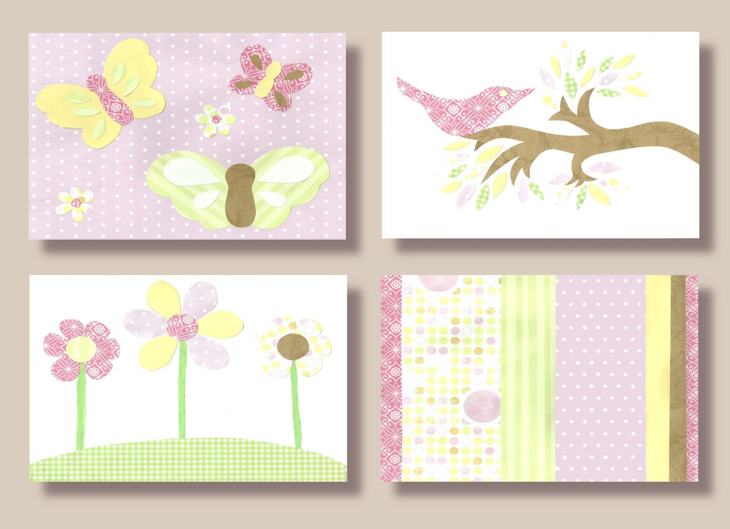Nursery Wall Art, 11x14 Art Print, Room Decor for Children or Kids with Butterflies, Pink Bird, Flowers and Stripe Pattern