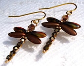 Dragonfly Earrings, Brown, Gold, Copper, Amber, Yellow, Beaded Earrings, Handmade Jewelry, Autumn Fall, Dragon Fly, Dragonflies