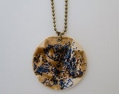 Brown and blue pendant. White stoneware necklace.