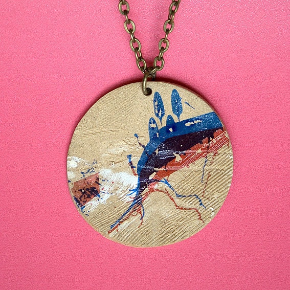 Blue and red pendant. Stoneware necklace.