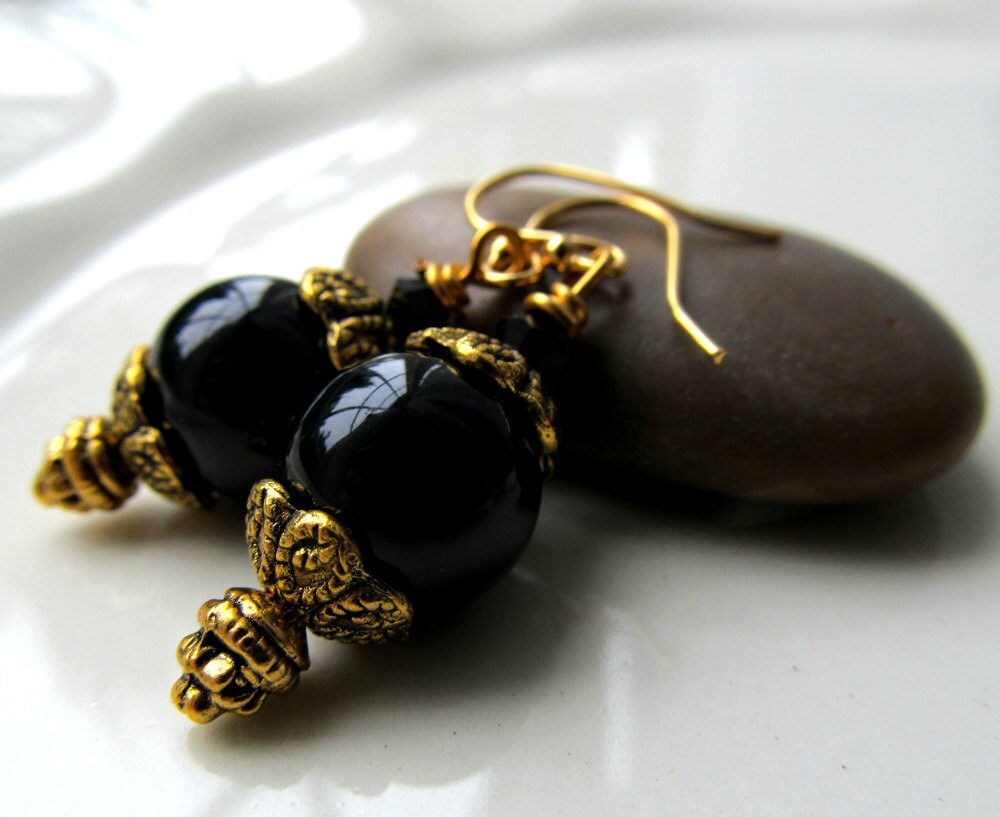 Black pearl drop earrings bali beaded black gold dangle earrings