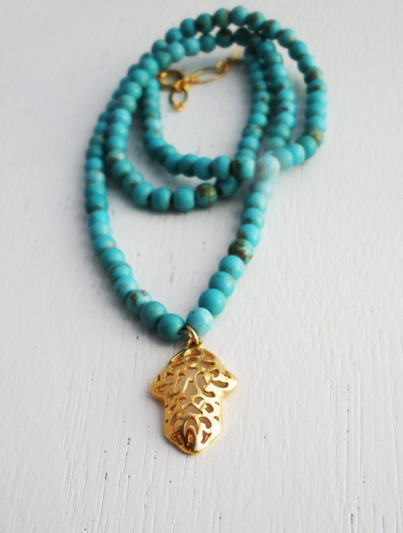 Filigree Hamsa necklace, turquoise necklace, gold necklace, hamsa hand, hamsa jewelry, gold hamsa pendant, chunky turquoise necklace