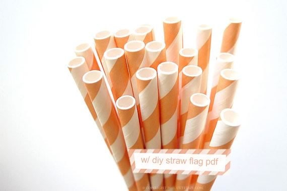Striped Orange PEACH Paper Straws orange peach and White Stripe - set of 25 w/ DIY Straw Flags PDF - PaperStrawsParty