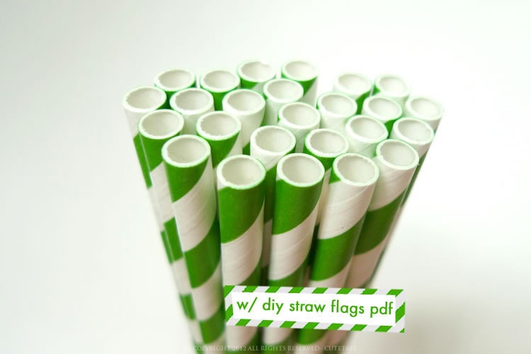 KELLY Green Drinking Straws Kelly Green Striped Straws - set of 25 Paper Straws w/ DIY Straw Flag PDF - Party Decorations